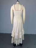 Long dress with camisole, high waist, ruffled hem, and one-piece hem