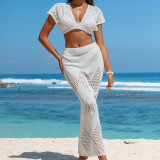 Knitted hollow V-neck top, beach skirt, cover up set
