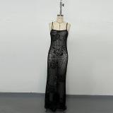 U-neck solid color suspender hollow out long skirt beach dress