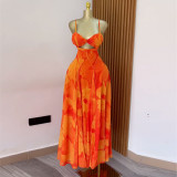 Printed suspender strapless high waisted A-line jumpsuit long skirt