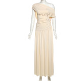 Slanted collar, off shoulder, waist cinched long dress