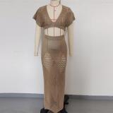 Knitted hollow V-neck top, beach skirt, cover up set