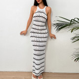 Sleeveless hollowed out striped dress, beach cover, hip hugging skirt