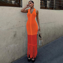 Hollow transparent long skirt with a lapel dress