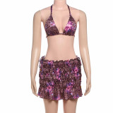 Printed strap bikini half skirt three piece set