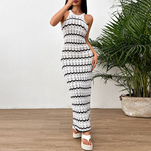 Sleeveless hollowed out striped dress, beach cover, hip hugging skirt
