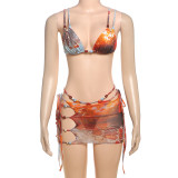 Printed mesh lace up bikini three piece set