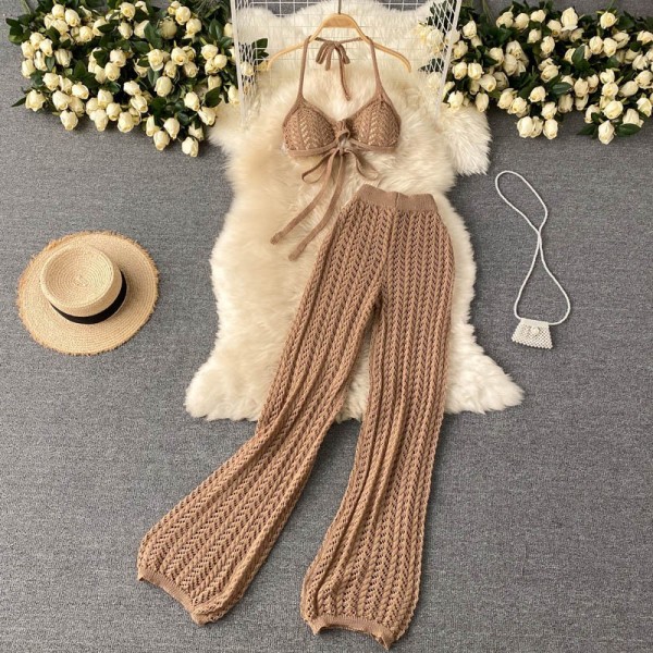Hanging neck strapless lace up top, hollowed out knitted wide leg pants two-piece set