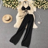 Hanging neck strapless lace up top, hollowed out knitted wide leg pants two-piece set