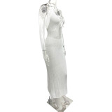 Hanging neck low cut lace up knit patchwork dress