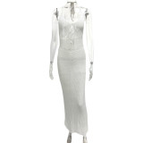 Hanging neck low cut lace up knit patchwork dress