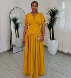V-sleeve elastic waisted long skirt with high waist