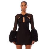 Mesh cross hollow long sleeved short skirt dress with wrapped buttocks