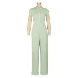 Striped collar shirt straight leg pants jumpsuit