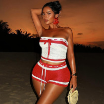 Knitted rope tie strapless top, striped shorts two-piece set Knitted rope tie strapless top, striped shorts two-piece set