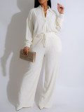 Long sleeved pleated shirt elastic waist straight leg pants set