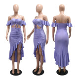 Strapless one shoulder slit irregular ruffle edge dress