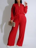 Long sleeved pleated shirt elastic waist straight leg pants set