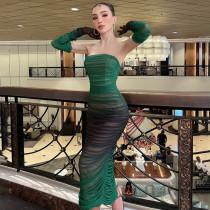 Mesh gradient one neck strapless high waisted long skirt dress