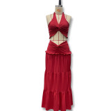 Umbilical fold hanging neck top and skirt set