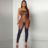Strapless zipper irregular print sleeveless tight fitting long jumpsuit