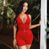 Sports sleeveless zipper vest top, tight shorts two-piece set