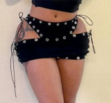 Machine eye lace up hollow out ultra short skirt
