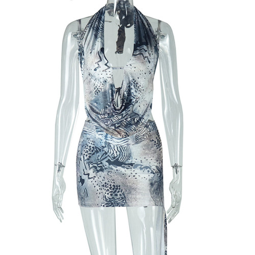Hanging neck V-neck backless sleeveless printed bag buttocks skirt two-piece set
