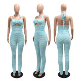 Two piece set of striped lace up short top and pencil pants