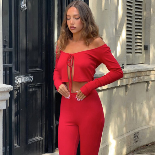 Solid color strap long sleeved cropped pants set