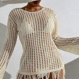 Beach Hoodie Hollow Knitted Skirt Long Sleeve Tassel Dress