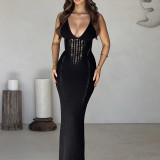 V-neck suspender, hip hugging skirt, backless hollow out strap, knitted jumpsuit, long skirt