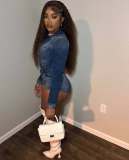 Zipper solid color splicing elastic denim lace up jumpsuit shorts