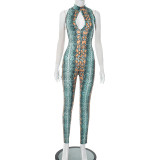 Printed semi high neck sleeveless hollow jumpsuit pants