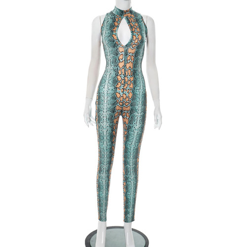 Printed semi high neck sleeveless hollow jumpsuit pants
