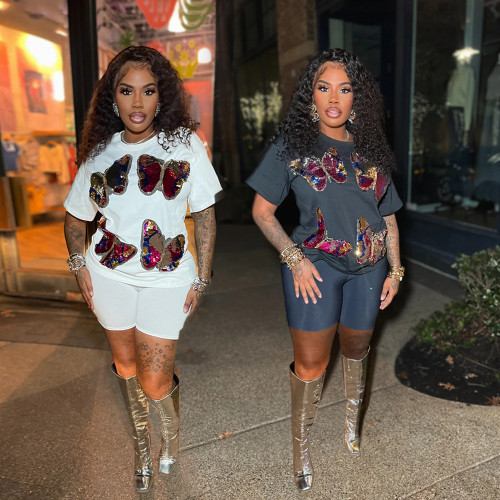 Glitter hoodie loose top women's short two-piece set