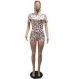 Two piece set of tight shorts with letter printed hooded zipper top