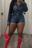 Zipper solid color splicing elastic denim lace up jumpsuit shorts
