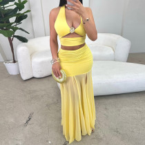 Hollow top splicing half length skirt two-piece set
