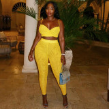 Sling, hollow out, pleated, cross exposed, navel wrapped, hip hugging, small foot long pants set
