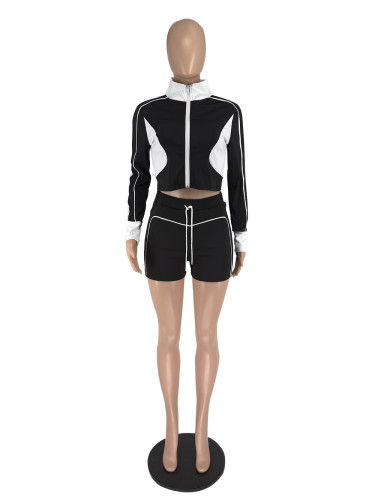 Color blocking patchwork long sleeved shorts stretch sports suit
