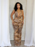 Leopard print lace up halter top with exposed back and pants set