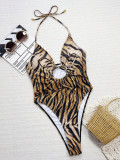 Tiger print hollow strap tight one-piece swimsuit
