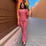 Polo shirt paired with striped flared pants knit set