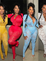 Lace hollowed out deep V perspective long sleeved top and pants set