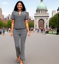 Polo shirt paired with striped flared pants knit set