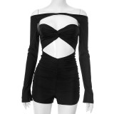Irregular hollowed out strapless slit long sleeved pleated jumpsuit shorts