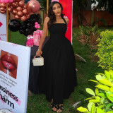 Waist pleated A-line skirt with hanging neck, sleeveless long dress