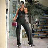 Two piece set of slim fit vest high waisted wide leg pants