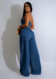 Denim strapless braided wide leg pants set